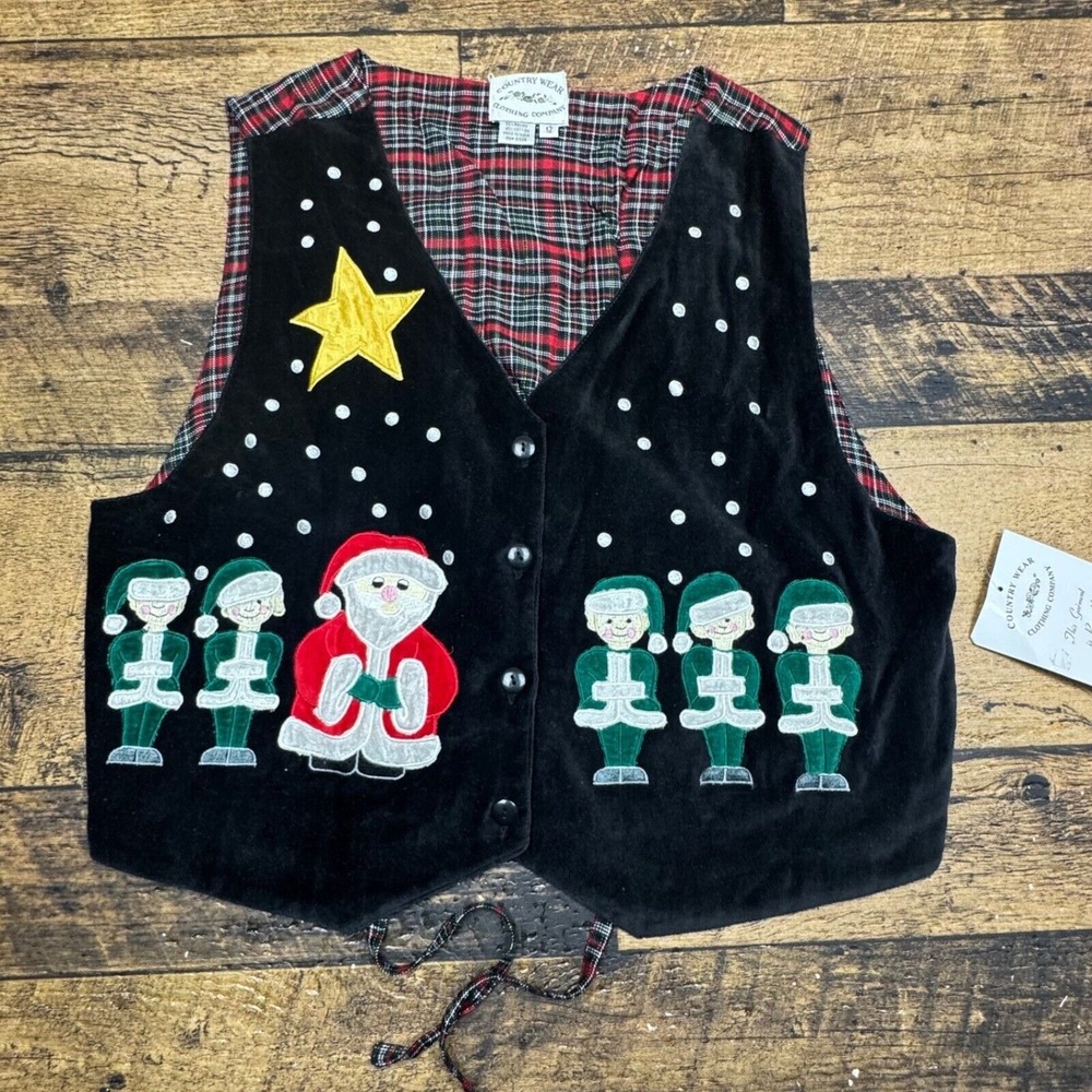 Country‎ Wear Christmas Vest Santa Elf Holiday Reversible Plaid Size 12 VTG
